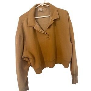 PINK Victoria's Secret Tan Collared Button Snap Cropped Sweatshirt Top L